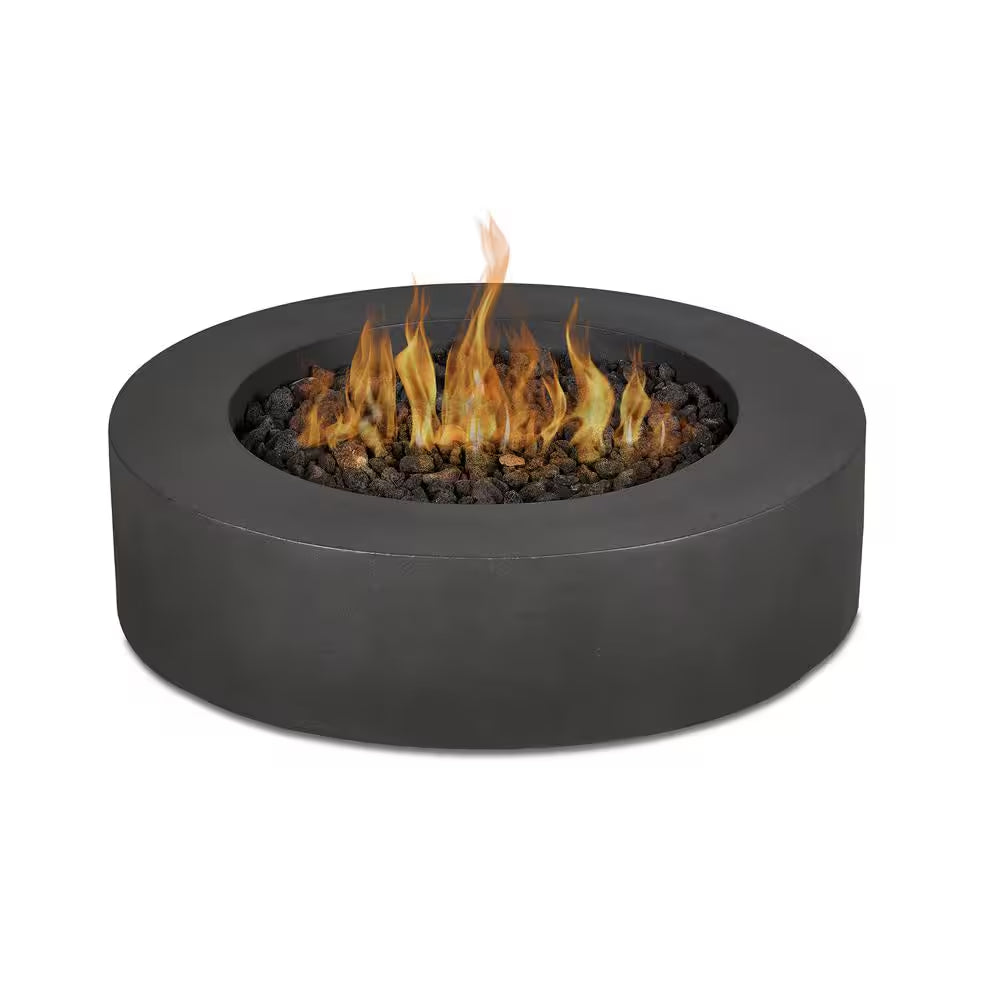 Brookhurst 43 In. W X 13 In. H round Outdoor GFRC Liquid Propane Fire Pit in Carbon with Lava Rocks