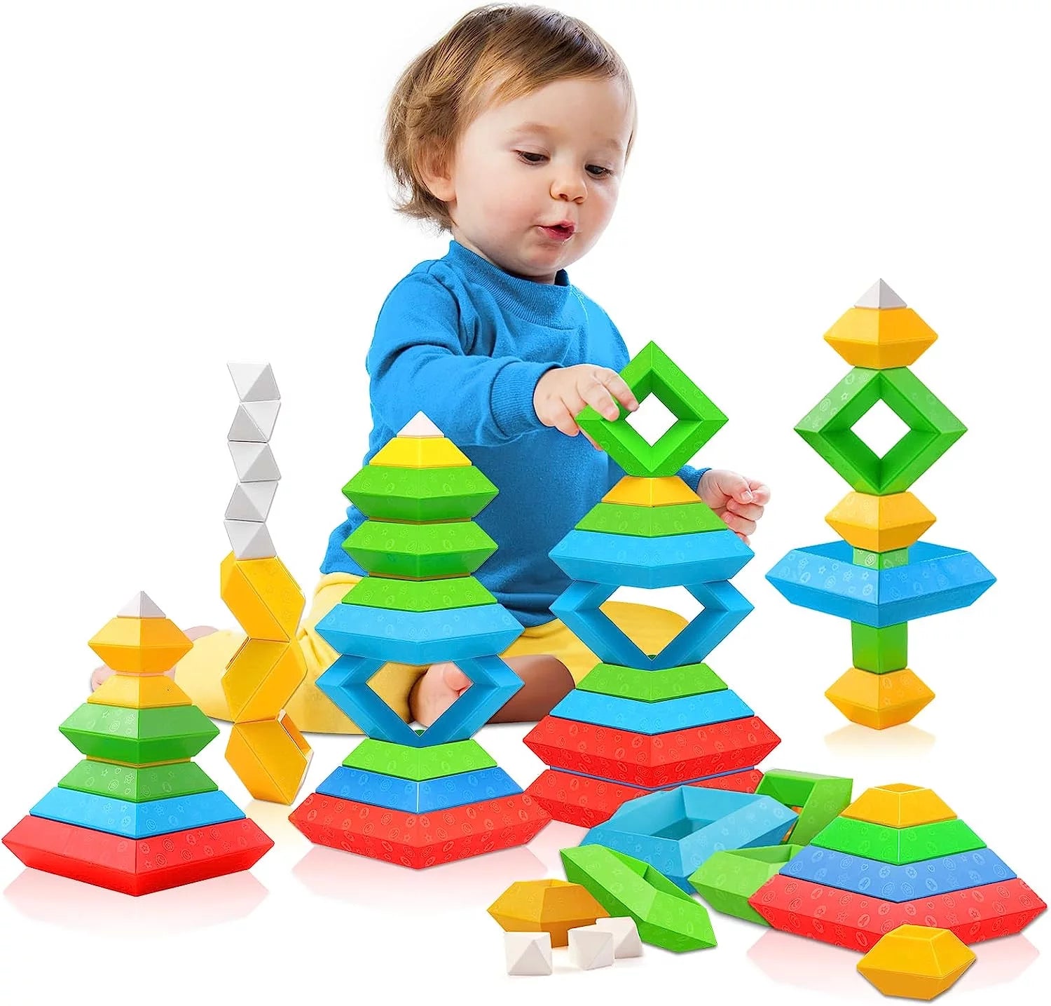 Toddler Stacking Building Blocks Educational Toys, Montessori Activities Learning Toys for 1 2 3+ Year Old, Sensory Toys Gifts for Toddler 1-3Y Boys & Girls, 30 Piece Set