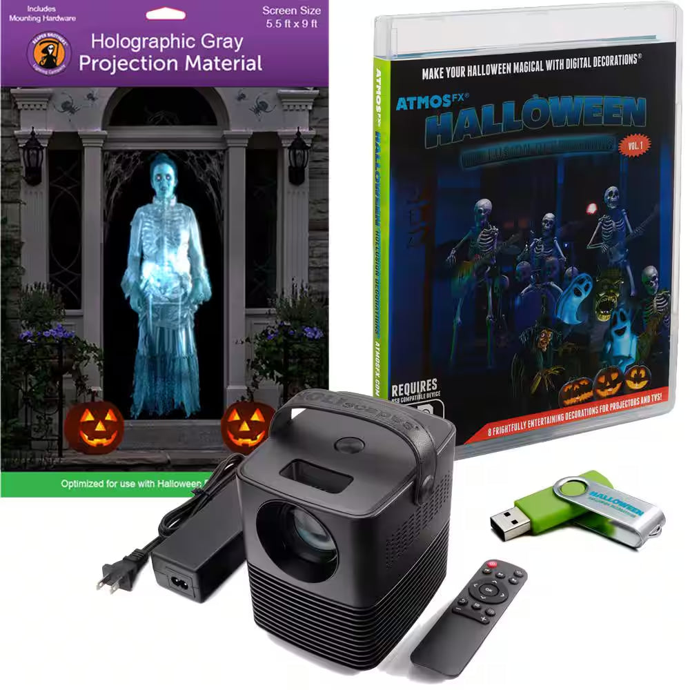 Atmosfx Halloween Hollusion Digital Decoration USB Kit 2022 (HSC400 Projector 5.5 In. X 9 In. Gray Screen USB)