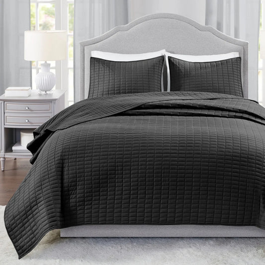 Kienna 3-Piece King Size Quilt Set, All Season Bedding Set with 2 Pillow Shams, Black Solid Print