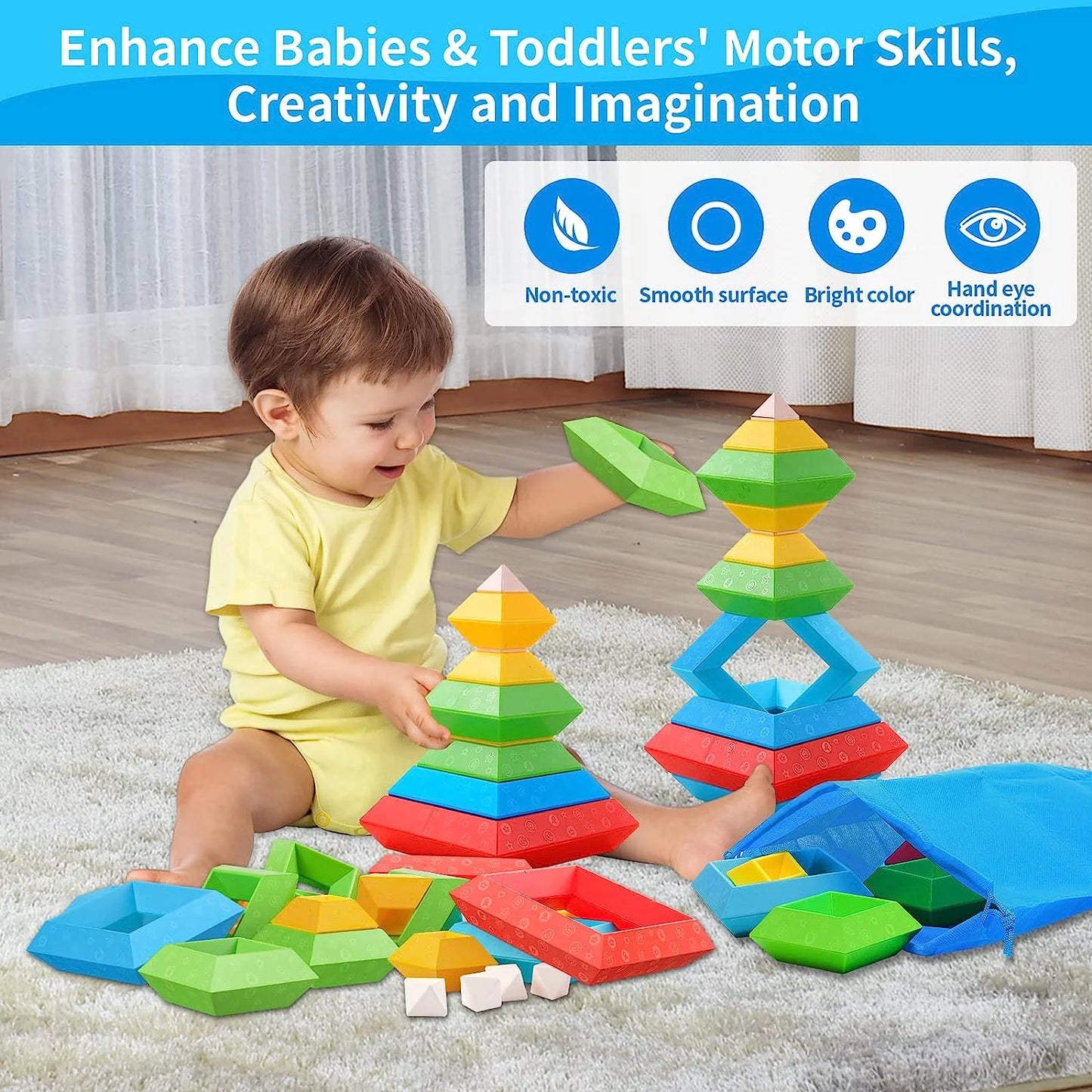 Toddler Stacking Building Blocks Educational Toys, Montessori Activities Learning Toys for 1 2 3+ Year Old, Sensory Toys Gifts for Toddler 1-3Y Boys & Girls, 30 Piece Set