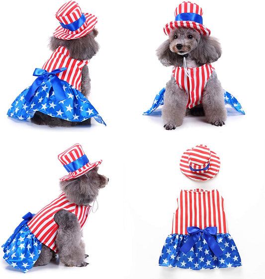 Dog Cat 4Th of July Costumes, American Flag Patriotic Independence Day Pet Cosplay Dress Clothes Apparel with Hat (XL)