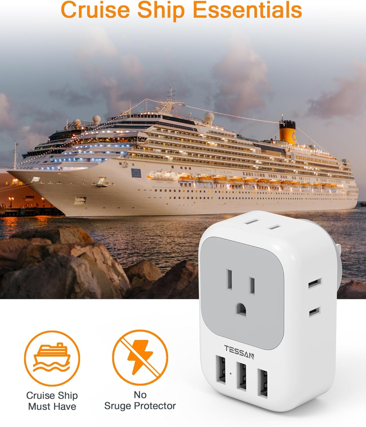 USB Charger Block,  USB Plug Adapter with Electrical 4 Box Splitter 3 USB Wall Charger Ports, Multi Plug Outlet Extender Charging for Cruise, Travel, Office, Dorm Essentials