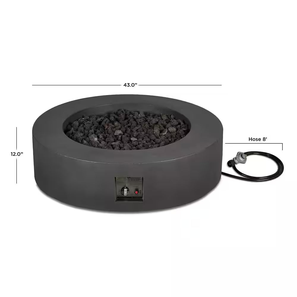 Brookhurst 43 In. W X 13 In. H round Outdoor GFRC Liquid Propane Fire Pit in Carbon with Lava Rocks