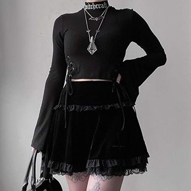 Womens Gothic Mini Skirts Punk Grunge Velvet Skirts High Waist Emo Skirt Mall Goth Alt Harajuku Skirt