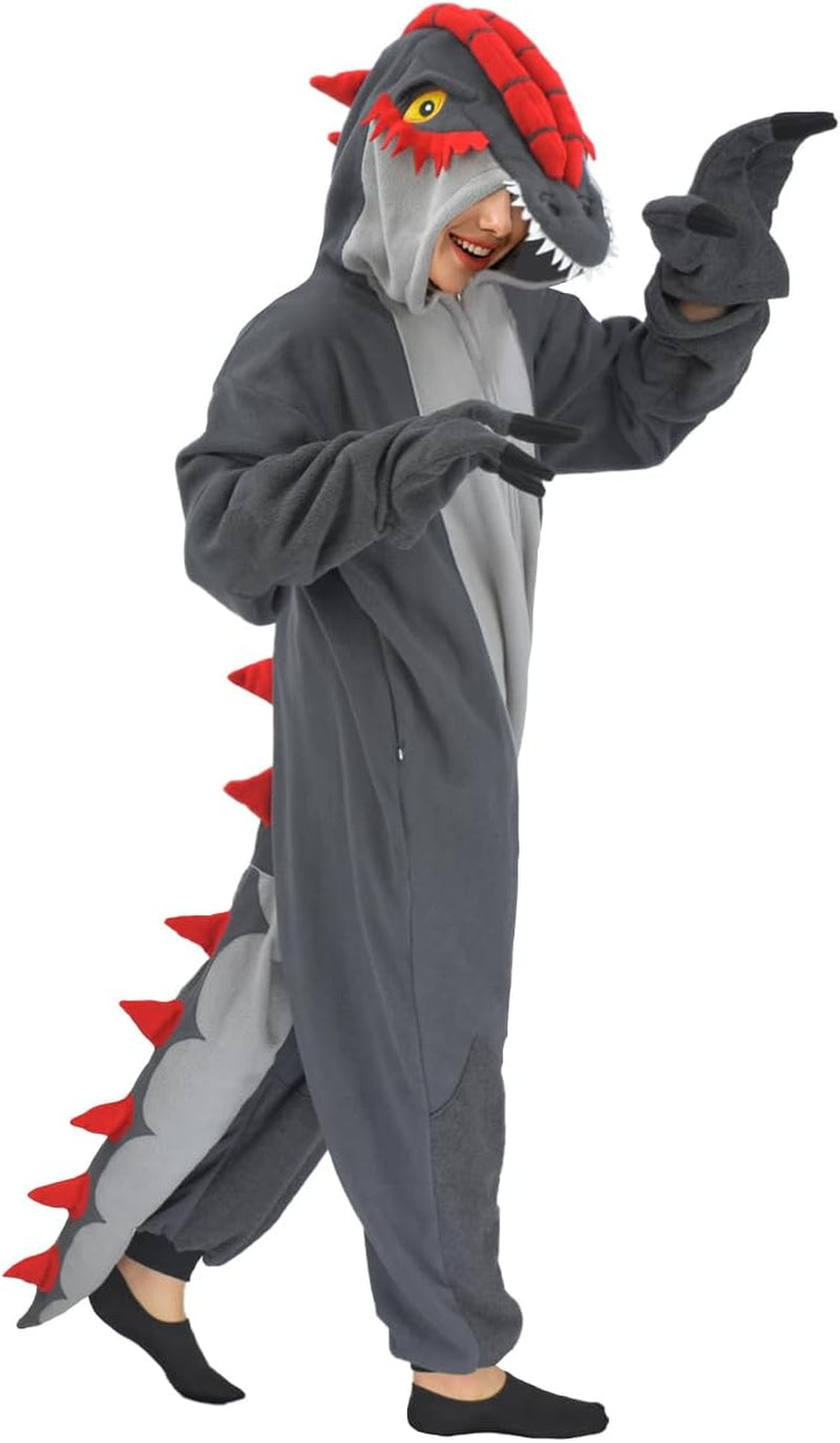 Dinosaur Costume Adult Onesie, Unisex Dilophosaurus Onesie Pajamas, Ainmal Cosplay Costume One Piece Homewear Jumpsuit